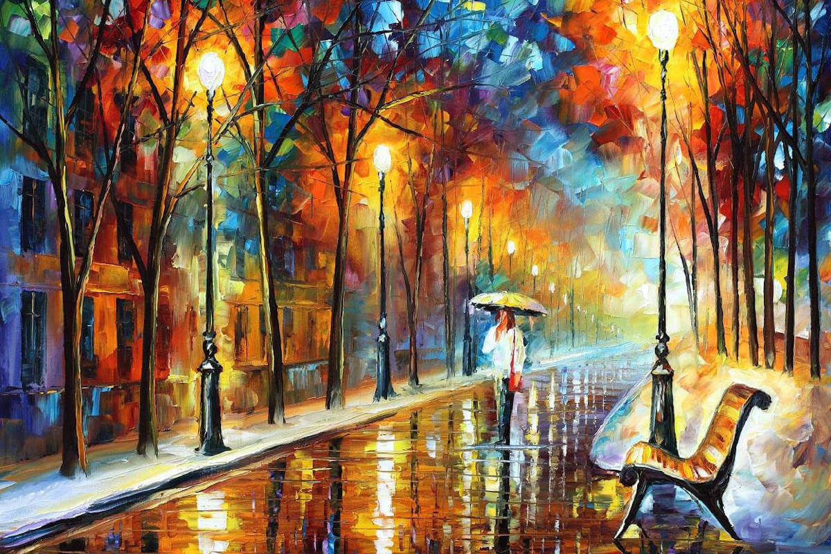 A painting of a rainy evening with a woman carrying an umbrella, lighted up lamp posts and a bench on the foreground